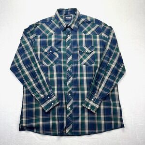Wrangler Western Shirt Mens 2XT Green Blue Plaid Pearl Snap Long Sleeve Tall 2XL